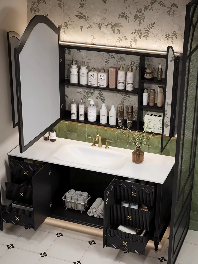 French retro floor-to-ceiling bathroom cabinet combination bathroom rock slab hot bending integrated basin washstand