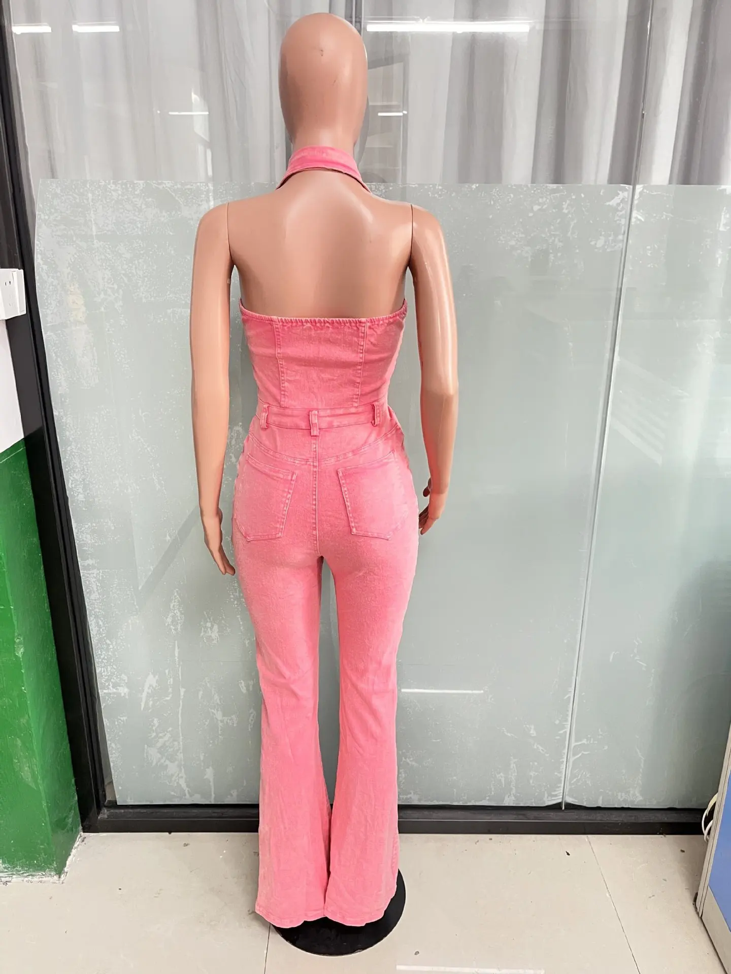 Women Jumpsuit Sexy Sleeveless Backless Pocket Elastic Denim Cargo Pants Jumpsuit Streetwear High Waist Straight Jeans Jumpsuit