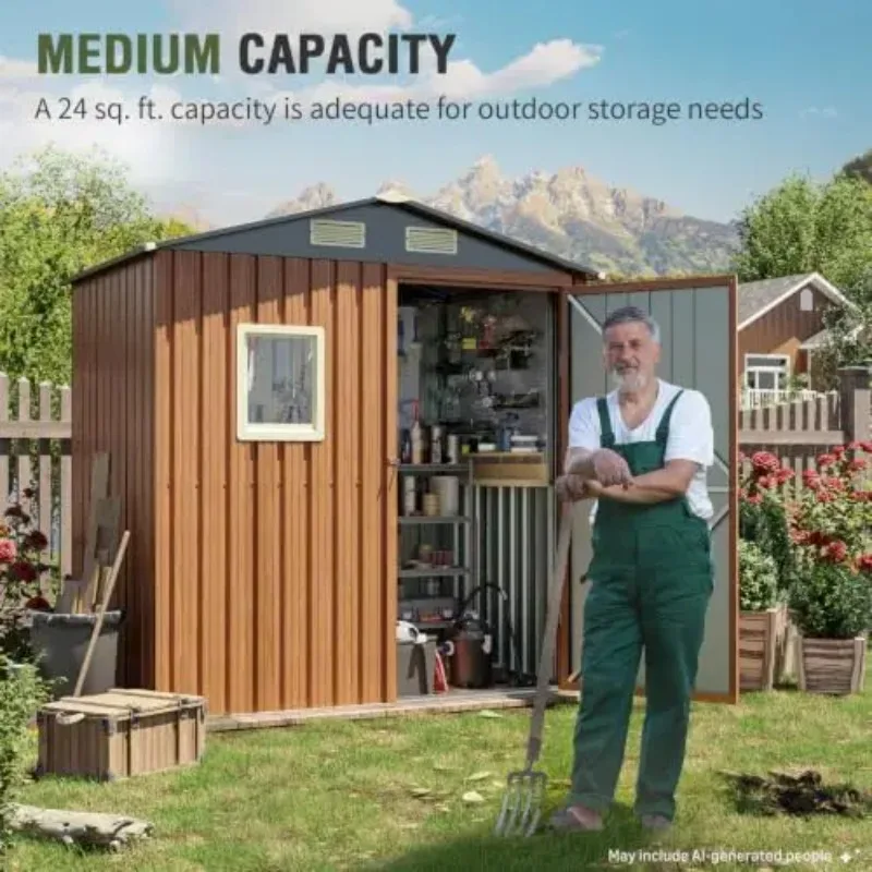 Outdoor Storage Shed 6x4 Ft, Lockable Metal Garden Shed with Window, Tool Shed Tiny House Vertical Outside Storage