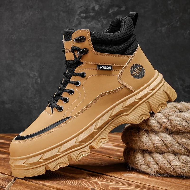 2026 Men Boots Autumn PU Splicing British High Top Retro Platform Lace Up Comfort Anti Slip Sport Hiking Boots Zapatos Hombre