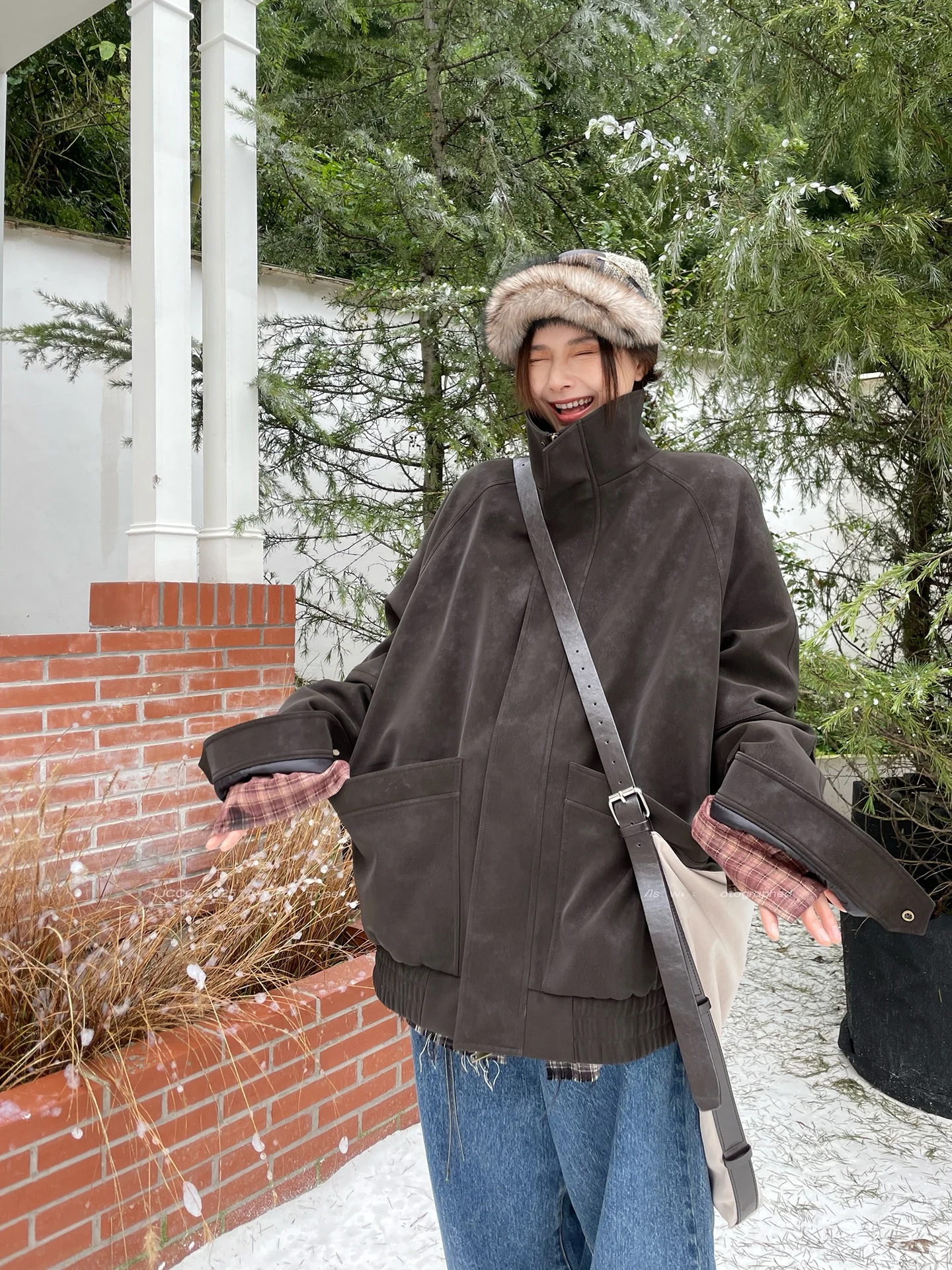 

JCCC Amber Warm Deep Coffee 90 White Du down Vintage Loose Stand Collar Leather Jaet Women's Faion Outerwear Coat