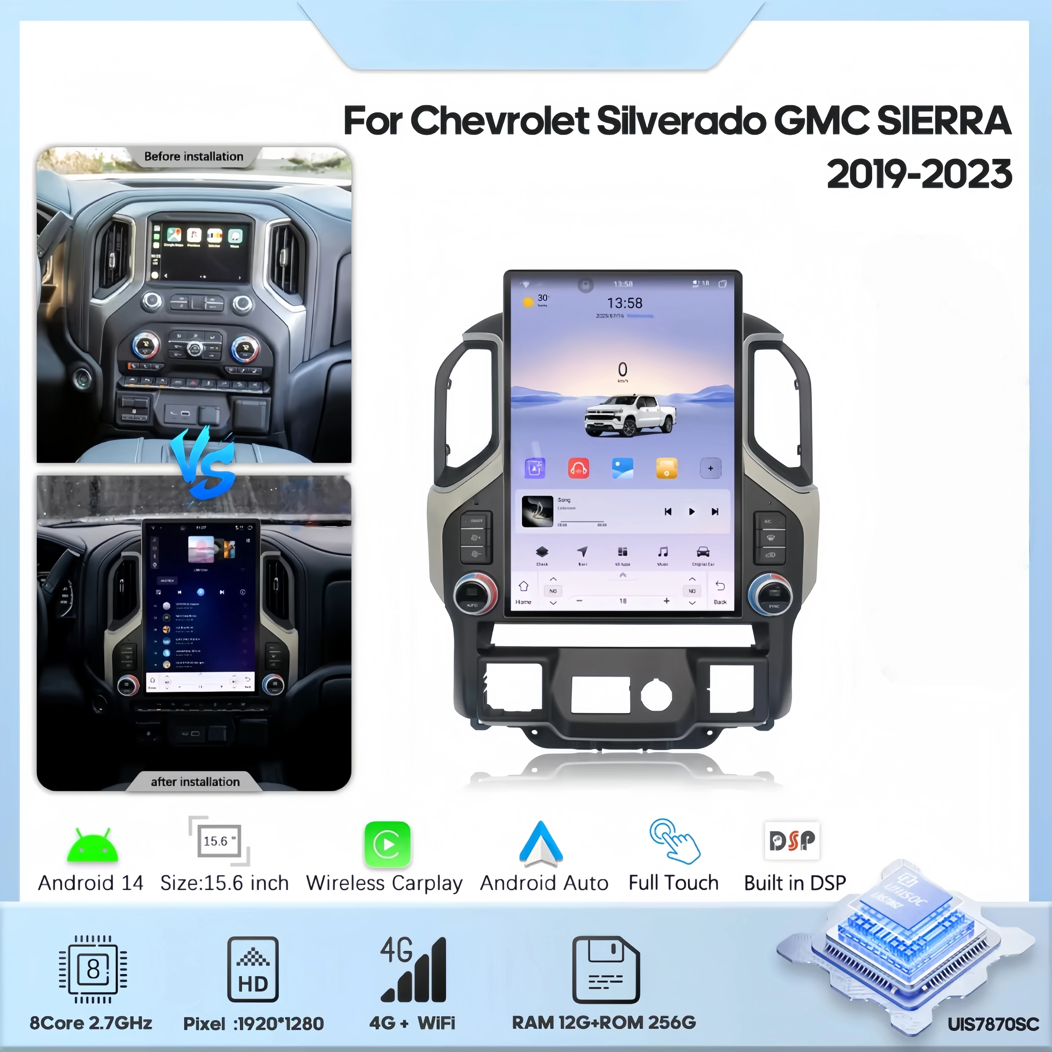 

G 15,6 "CarPlay Auto Android 14 для Chevrolet Silverado GMC SIERRA 2019-2023, автомобильный радиоприемник с GPS, мультимедийный стереоплеер