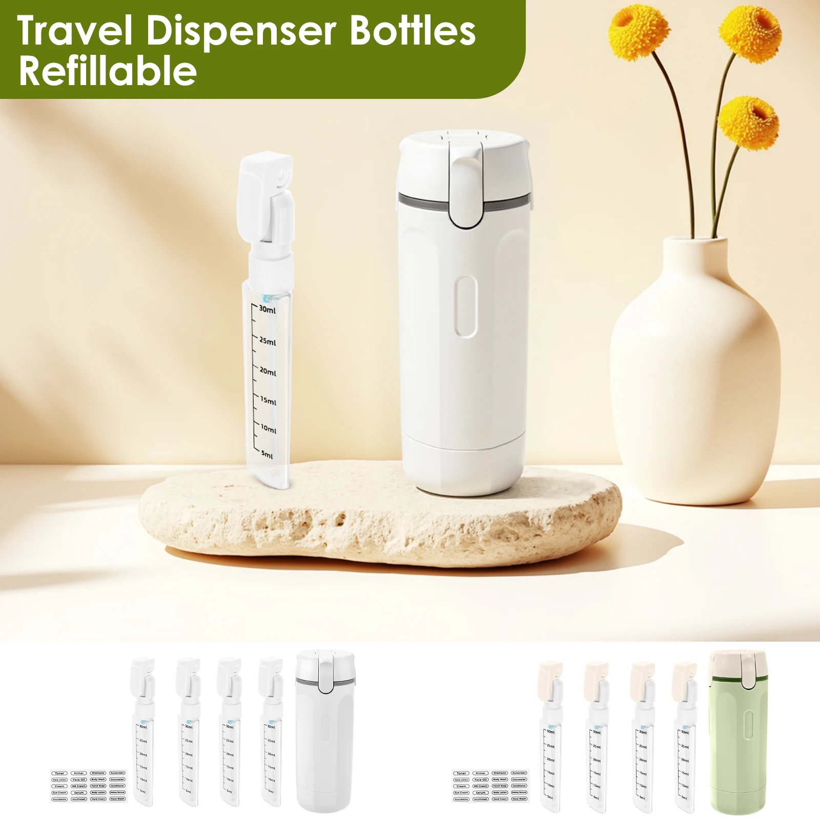 4 In 1 Emulsion Dispenser Bottle Portable Refillable Leakproof Container with Labels Travel Dispenser Bottle For Shampoo