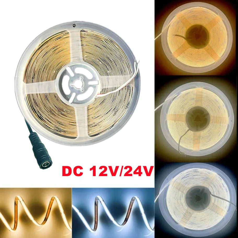 DC 12V/24V LED COB Strip Light DC Plug/ 2pin Wire High Density Linear Lighting 320LED Flexible Tape Lights Warm Natural White