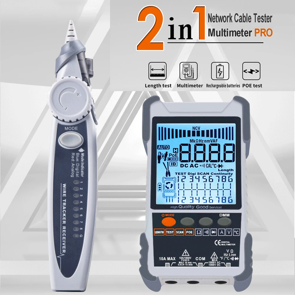 ET618PRO 2 In 1 Network Cable Tester POE Test Cable Short Open Circuit Measure Sensitivity Tracker 600M Length Wiremap Tester