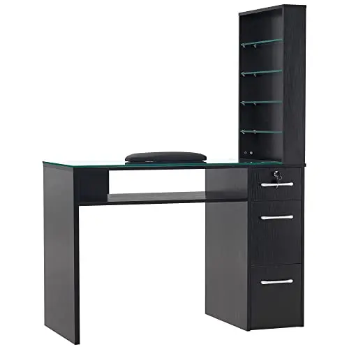 Storage Nail Desk with Lockable Drawer, Glass Top & Shelves 2673