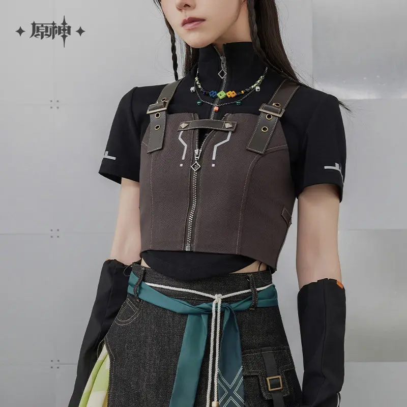 In Stock Original Genshin Impact Kinich Themed Cropped Vest Casual Sleeveless Zip Up Top Adult Cosplay Costume For Game Fans