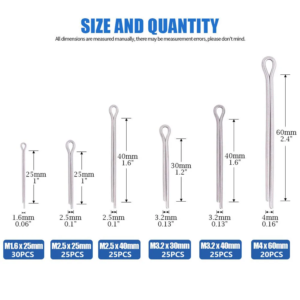 

150Pcs Sliver Split Pins Cotter Fixings Assorted Sizes Zinc Plated Steel Hard Case Link Split Cotter Pin high quality
