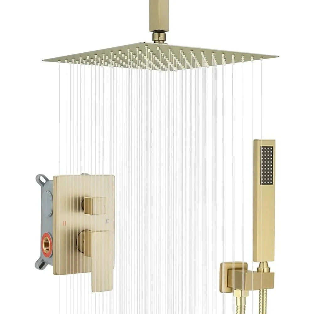 

Luxury 12 Inch Ceiling Mounted Brushed Gold Shower System with Rainfall Shower Head and Mixer Combo