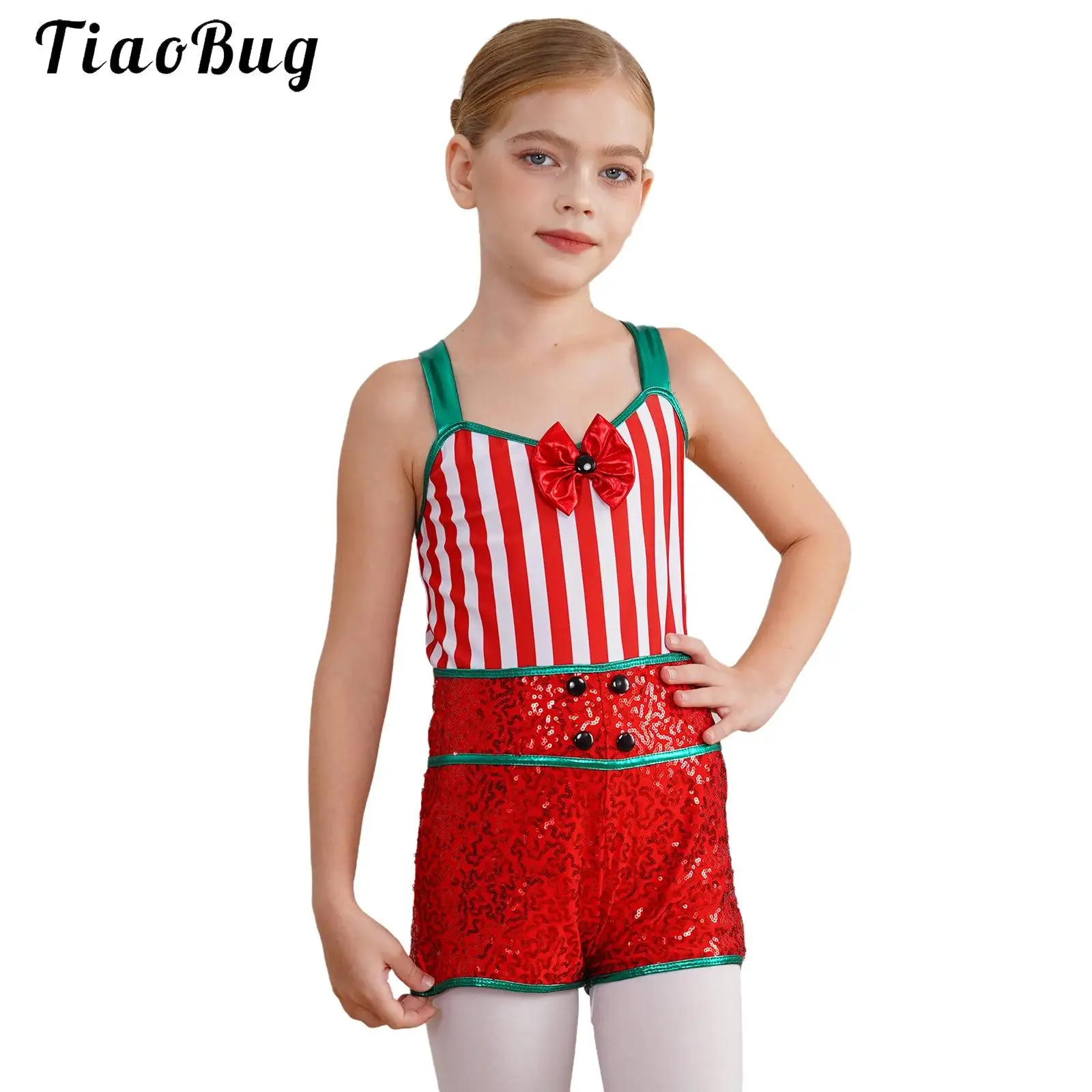 Kids Girls Christmas Leotard Bodysuit Ballet Dance Gymnastics Shorty Unitard Sequin Sleeveless Candy Cane Striped Circus Costume