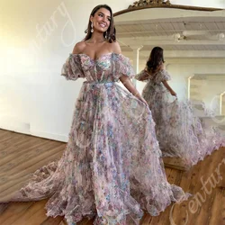 Vestido de noche con hombros descubiertos para mujer embarazada, vestido de fiesta de flores, mangas cortas abullonadas, línea A, personalizado