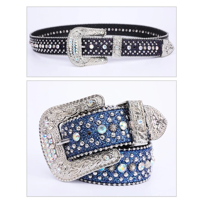 Rhinestones Belt for Men Women Western Cowboy Cowgirl Leather Belt for Jeans