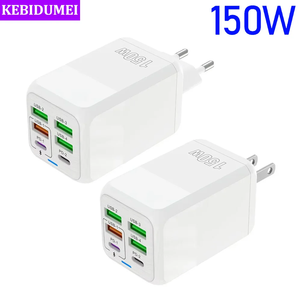 Cargador USB tipo C de 150W, 6 puertos de carga rápida, PD, QC, adaptador de cargador de teléfono móvil para iphone, Xiaomi, Samsung, Huawei