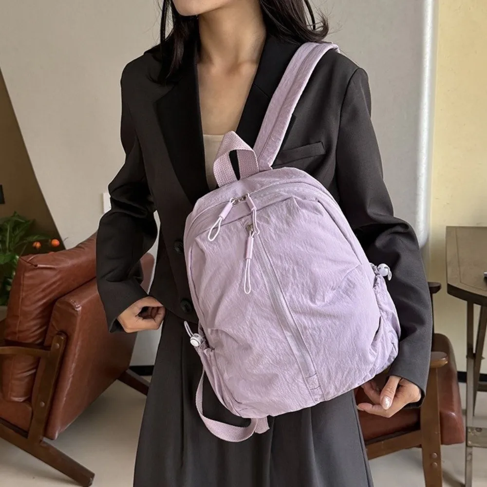 Casual Pleated Nylon Backpack Large Capacity Lightweight Rucksack Solid Color Durable Student School Bag Children