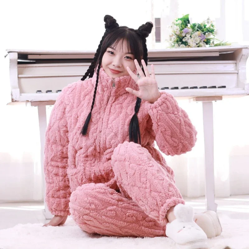 Three layers of laminated cotton thick pajamas Winter Princess comfortable wind zipper home dress sweet can be worn outside