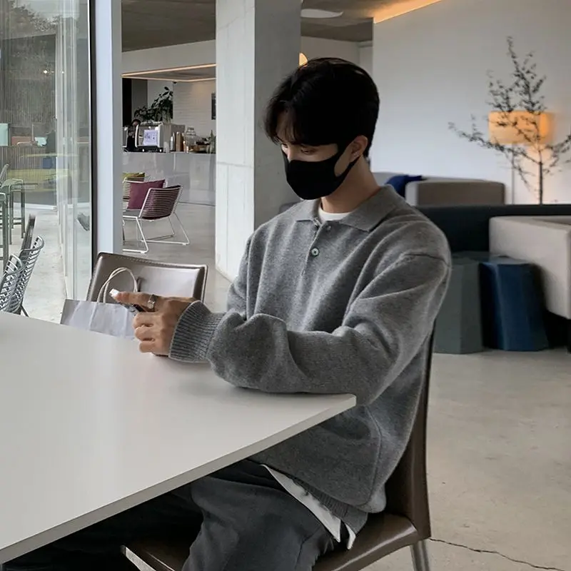 

Trendy Collar Knitted Sweater Loose Fit Soft Polyester Fiber Autumn Casual Wear Comfortable Men's Faion from Dongda Gate