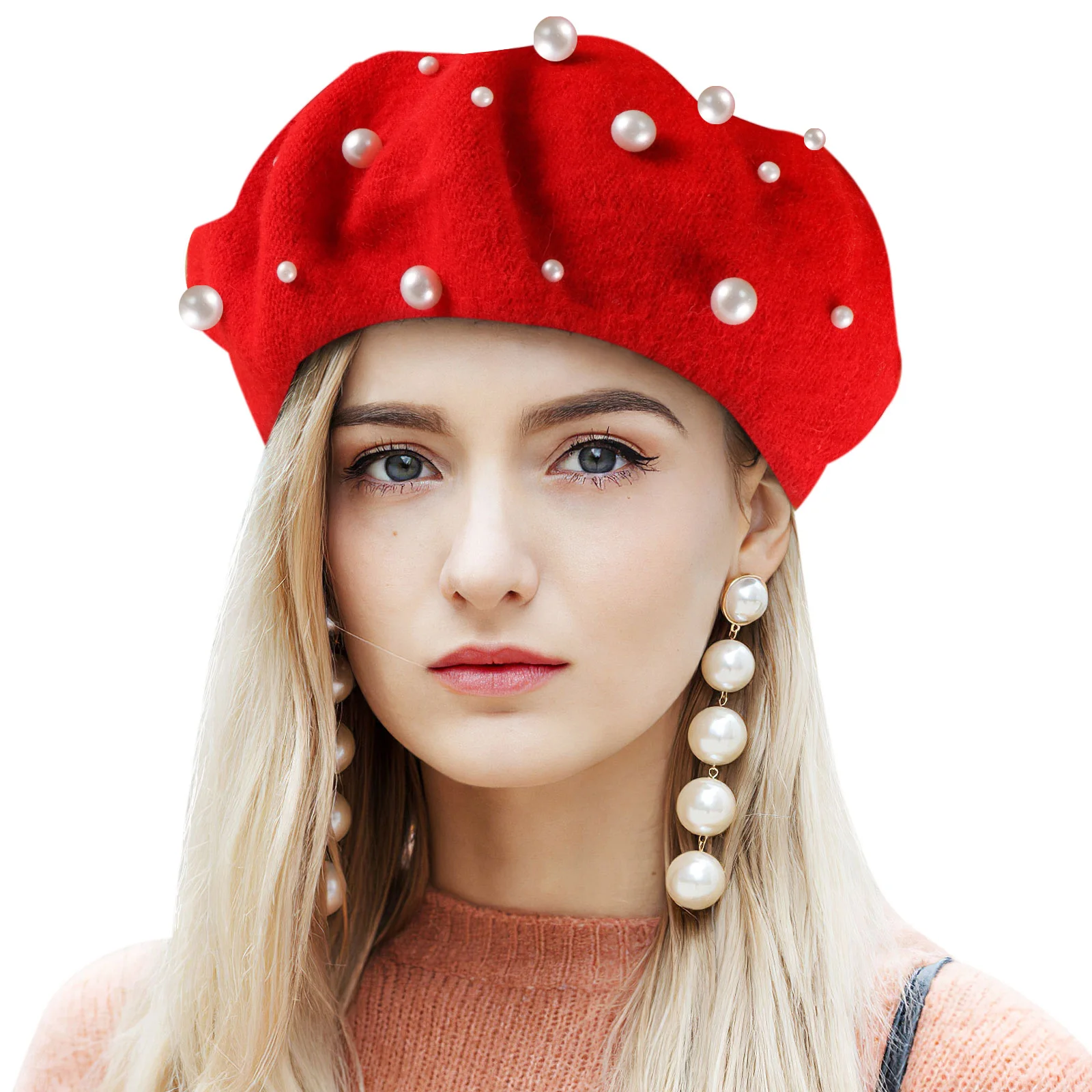 

Women's Pearl Beret Autumn Winter Red Free Size Heavy Work Hats Beaded Rivet Wool Beret Trendy Fashion Knit Hat