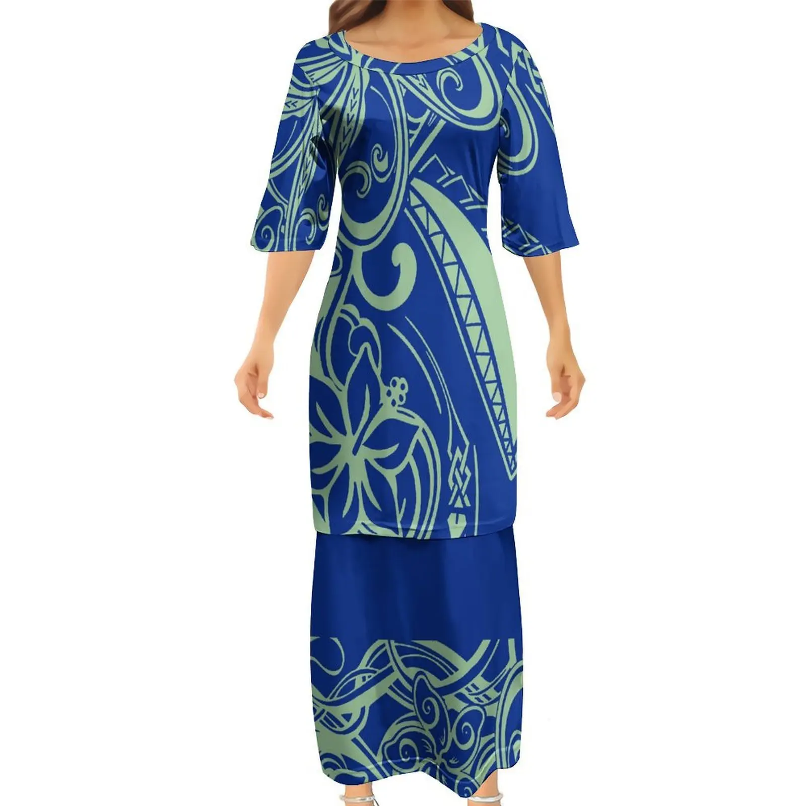 

Полинезийский женский пулетаси, свободный повседневный костюм, платье, комплект из 2 предметов, летний комплект с круглым вырезом и короткими рукавами, самоедский этнический узор, цветочный принт