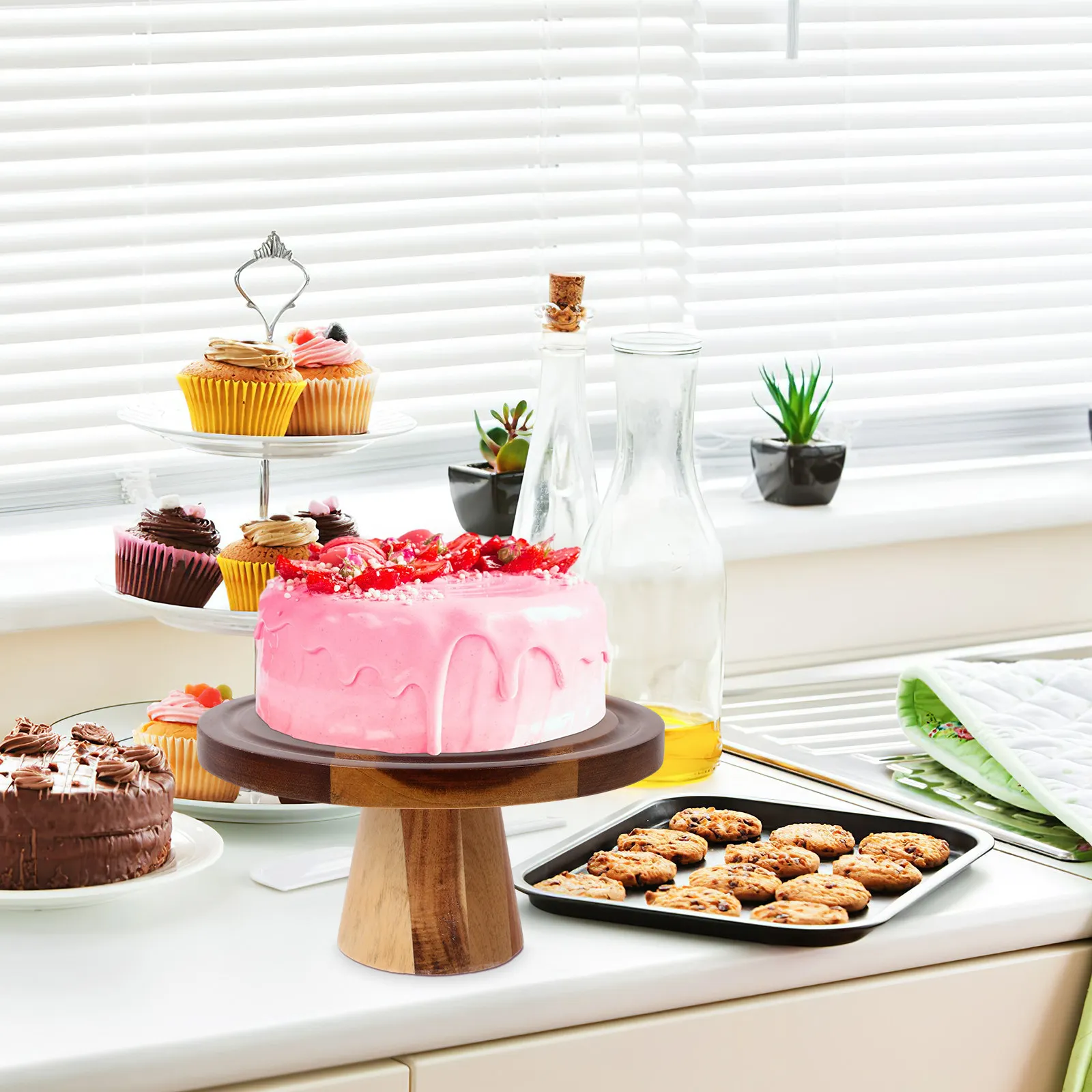 Base Redonda de Madera para Tartas, Bandeja de Exhibición para Cupcakes, Postres, Pasteles, Galletas, Decoración para Bodas, Cumpleaños, Fiestas, Hogar y Panadería