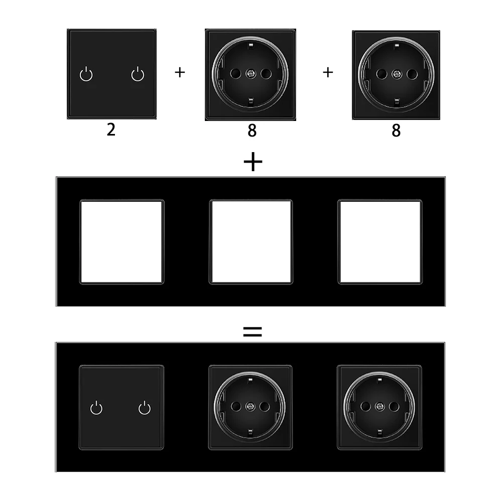 EIOMR Black EU UK Socket Parts,USB Type-C 5V 2100mA,RJ45 TV Computer HDMI Parts,Multi Types Module Size 52*52mm DIY Installation