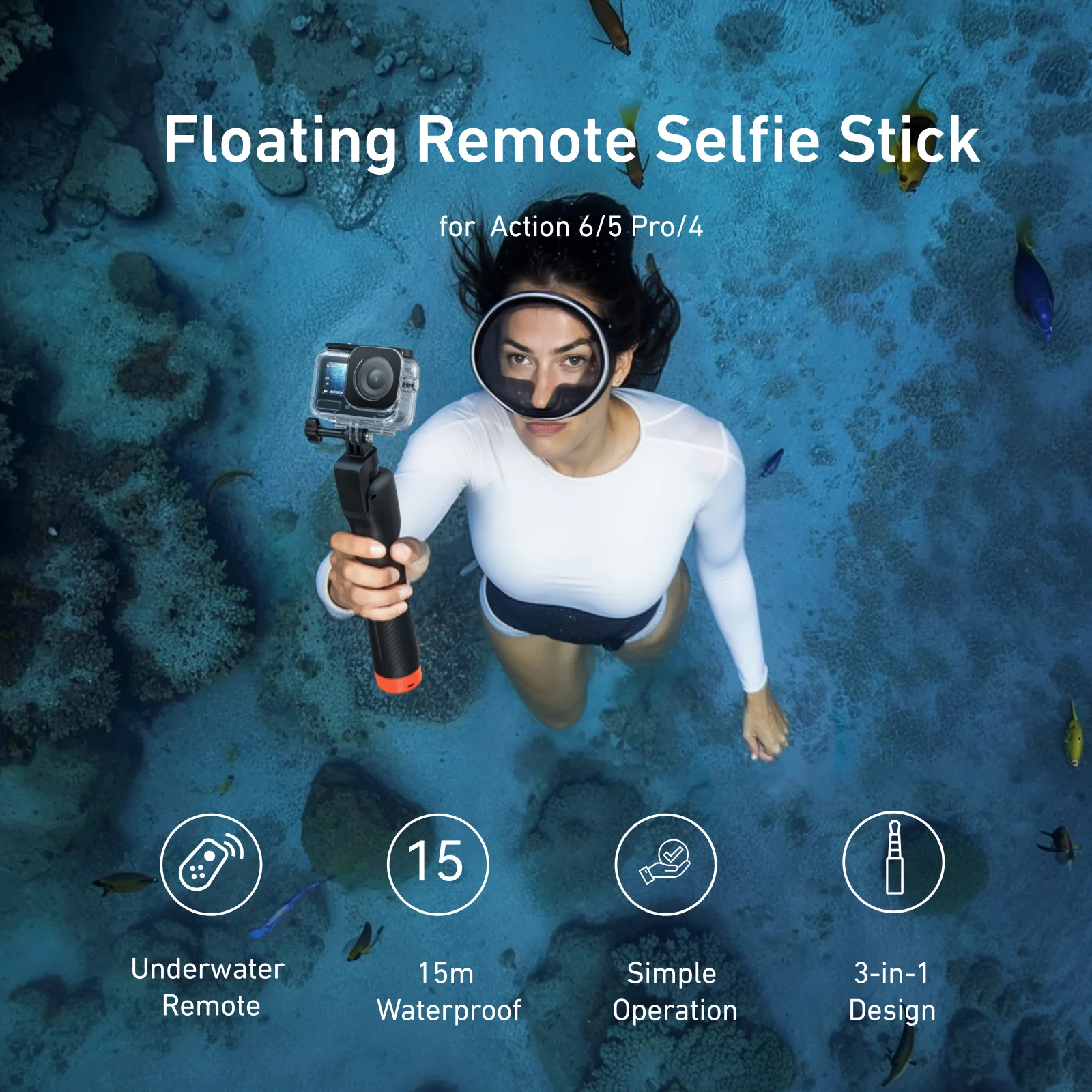 TELESIN Underwater Diving Wireless Remote Control Extendable Selfie Stick Tripod Buoyancy Handle For DJI OSMO Action 6 5pro 4