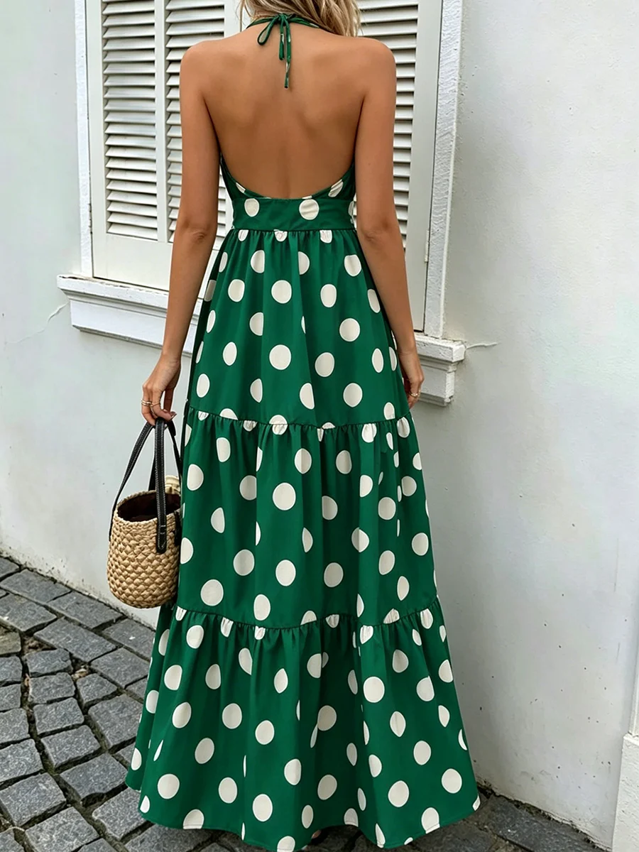 Strandkleid mit Neckholder-Ausschnitt, gestuft, grün-weiß gepunktet, Maxikleid, Sommerkleid für Damen, Urlaub & Alltag – Detail 2