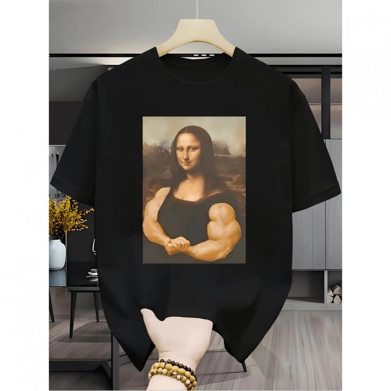 Hobby Muscle Strongman Mona Lisa Mocking Pattern T-Shirt Humorous Artistic Inspiration Esin Soft Stretchy Top All-Season