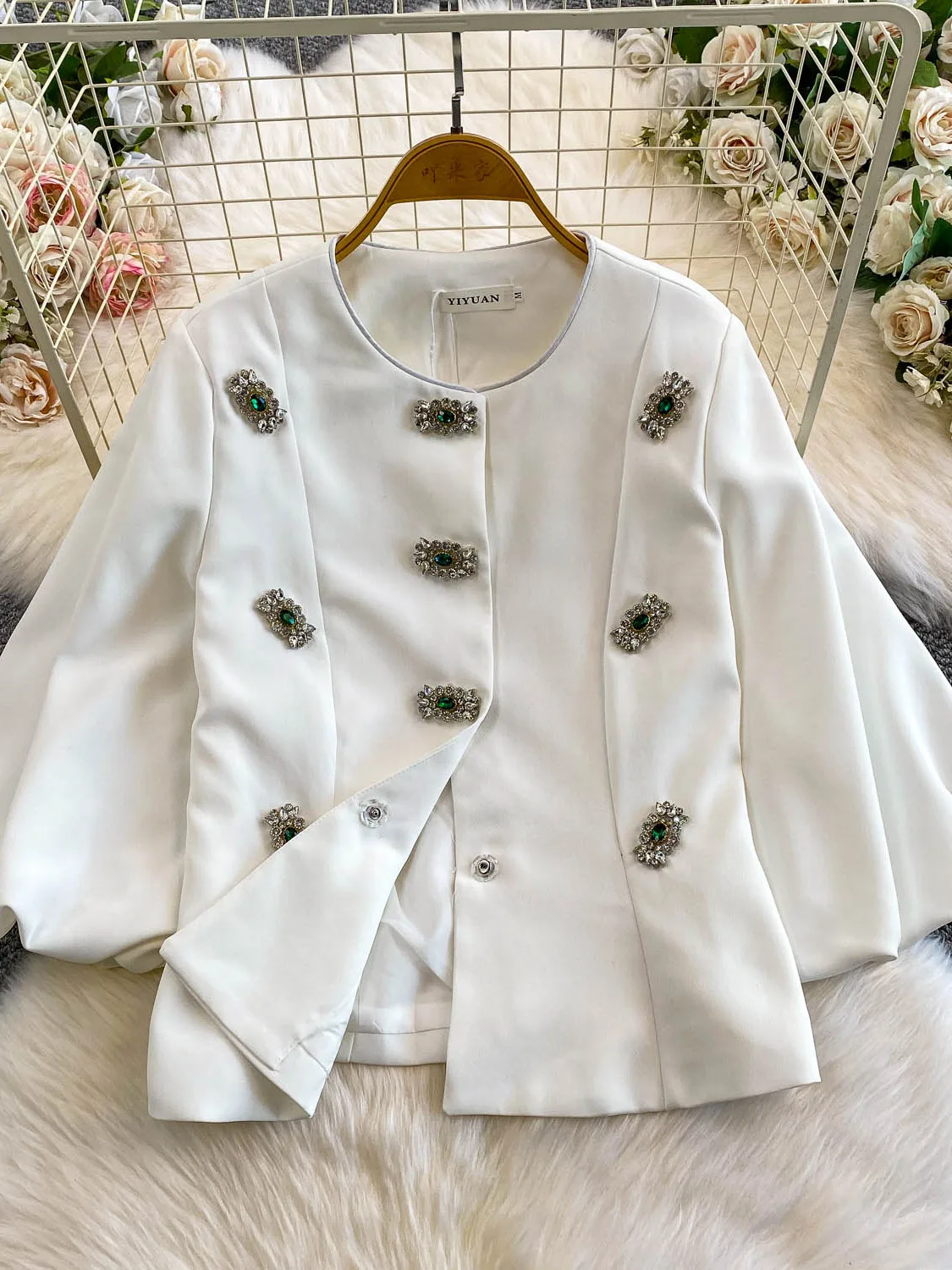 Giacca girocollo da donna con pietre preziose dell'industria pesante, tempestata di diamanti, cappotti invernali con maniche a lanterna dimagranti allentate 2025 da donna