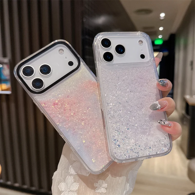 

Glitter Quicksand Liquid Case for iPhone 17 16 15 Pro Max Back Cover Anti-fall Soft Silicone Bumper Shell Moving Sand Phone Hull
