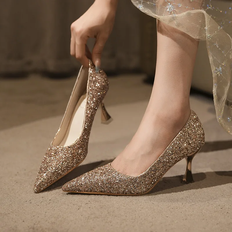 

Ele Champagne Color High Heel Single oes for Wedding And Engagement Crystal Embellied Pointed Toe Comfortable Faion...