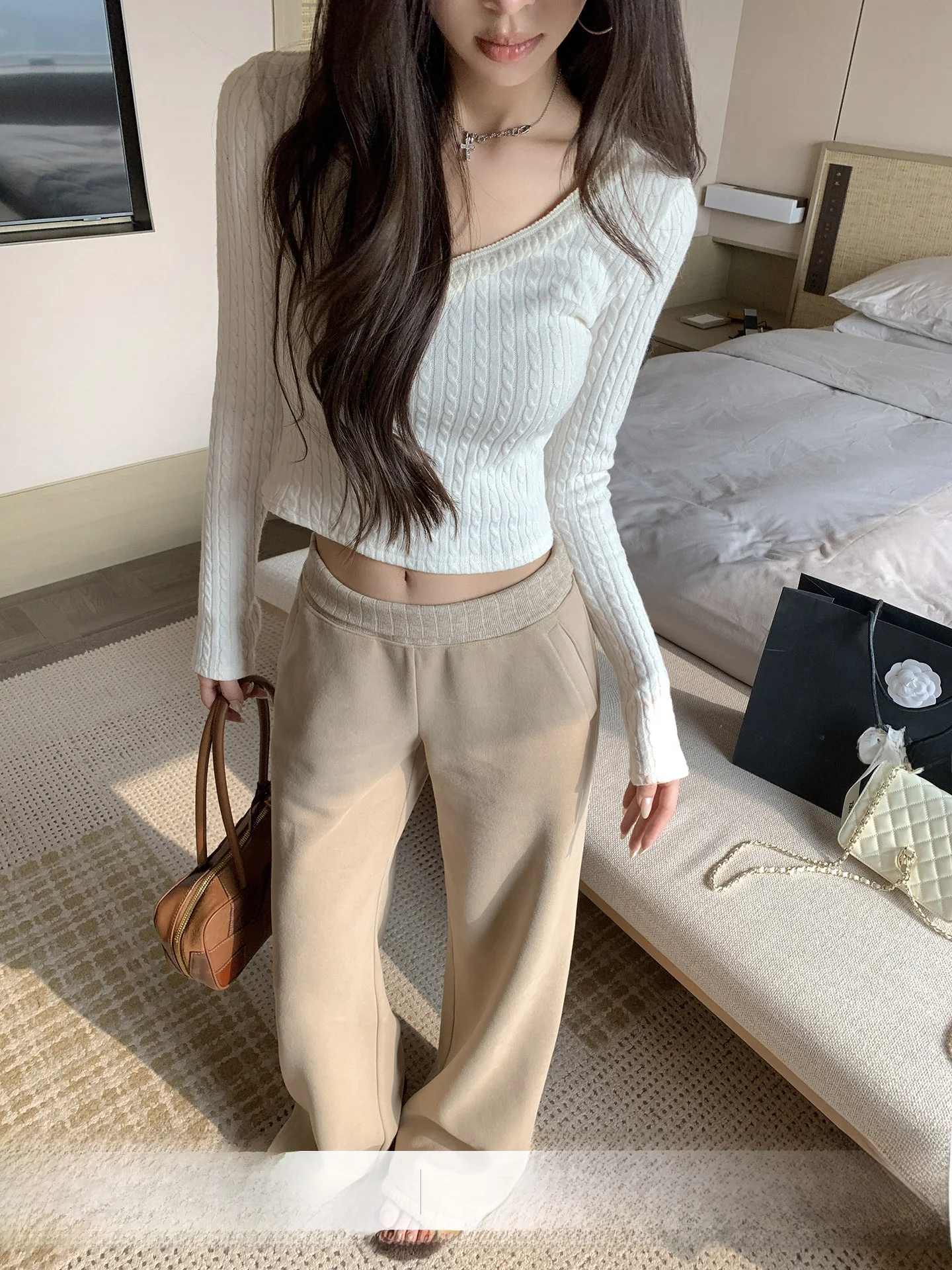 

High Waist Straight Leg Casual Pants Women Winter Slimming Versatile Wide Leg Pants Comfortable Cotton Blend Daily Wear