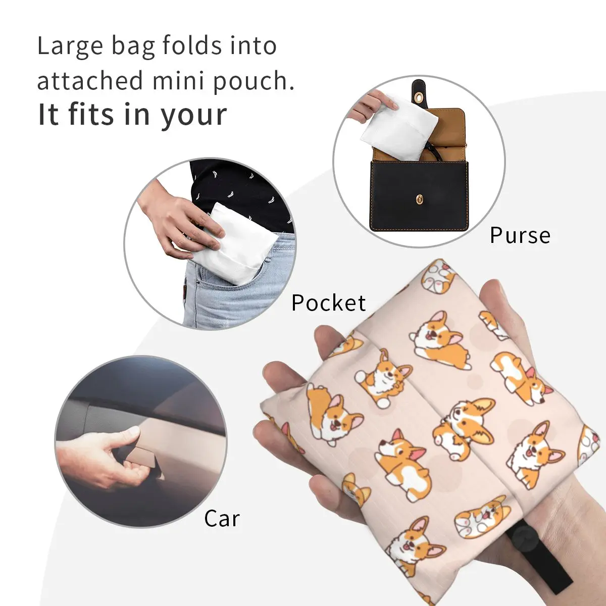 Borsa a tracolla portatile con stampa di moda divertente Corgi Puppy Shopping Tote Bag