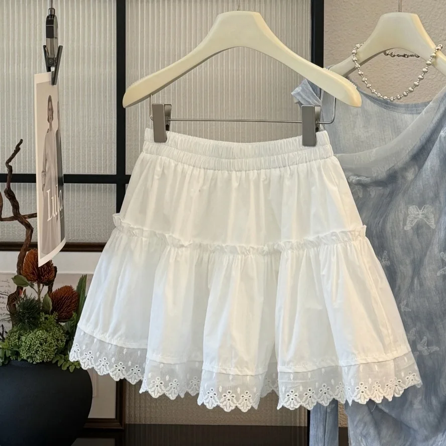 2026 Women Summer A-Line Mini Skirt Lace Crochet High Waist Women White Skirt Saia Longa Falda Jupe