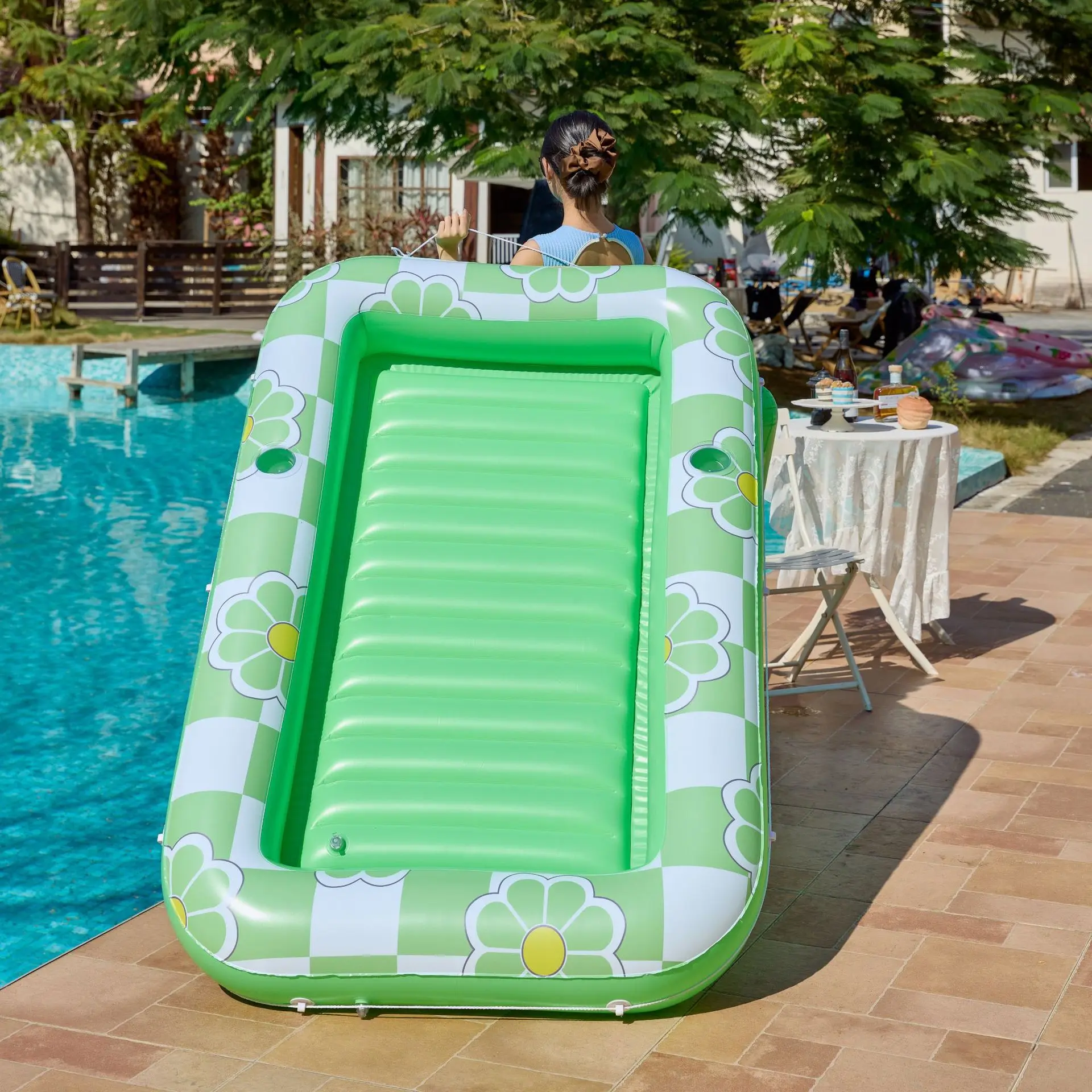 Custom Large Square Inflatable Pool Float Bed with Backrest Water Floating Mat Pool Lounger
