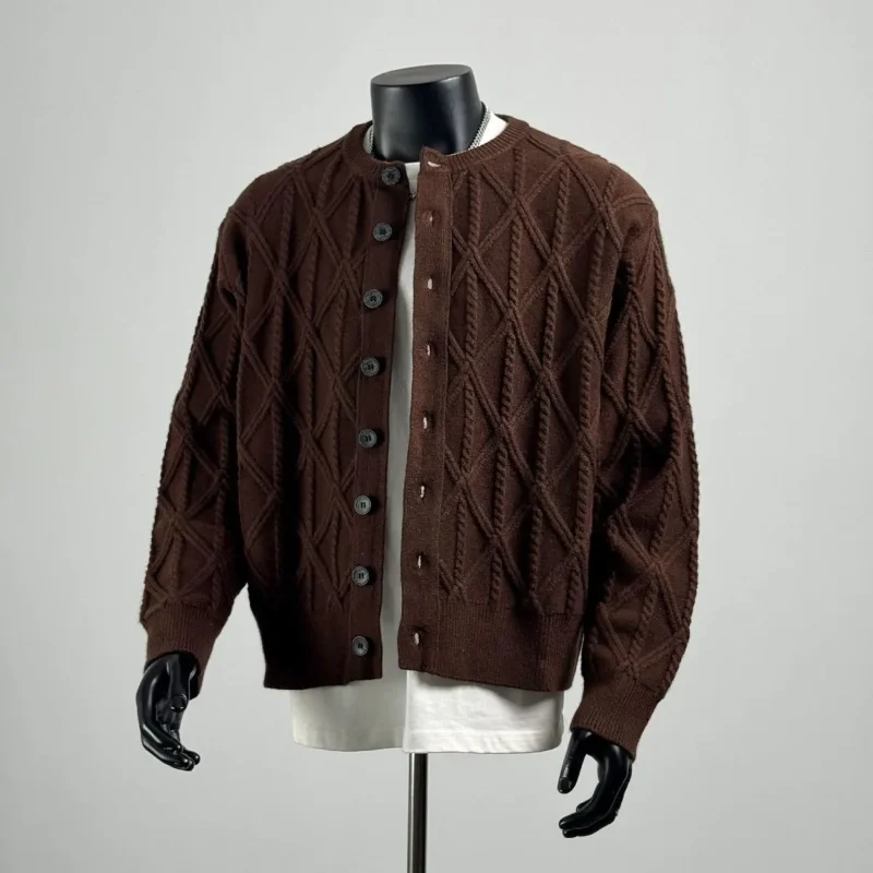 Autumn Winter New Style Argyle Jacquard Sweater Men Casual Crew Neck Versatile Cardigan Outerwear Base Layer Knit Top view 2
