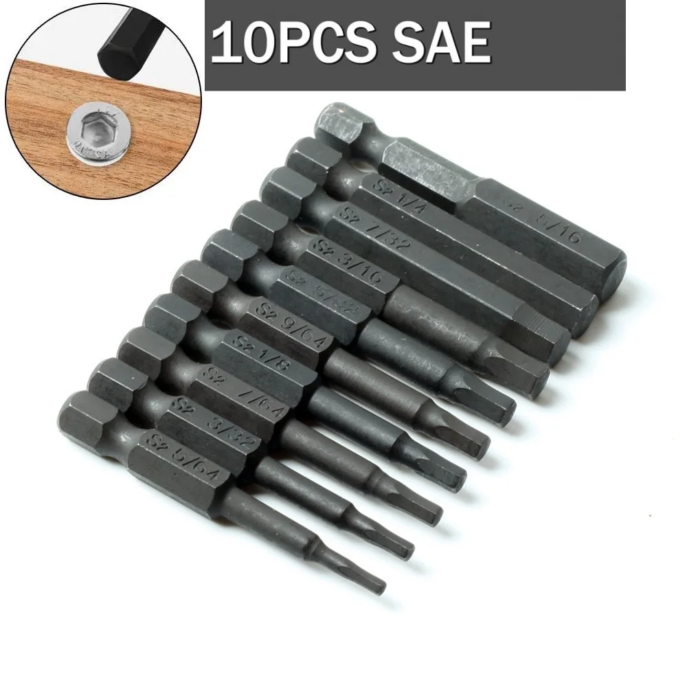 10 Pcs SAE/Metric Hex Head Allen Wrench Drill Bit Set 1/4