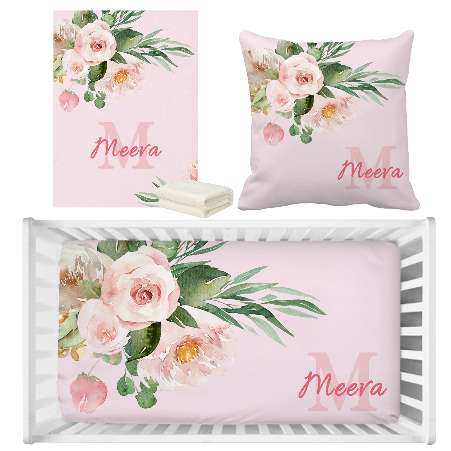 LVYZIHO Personalized Name Flowers Baby Bedding Set, Birthday Gift Toddler Gift Crib Sheet Set, Baby Shower Crib Bedding Set