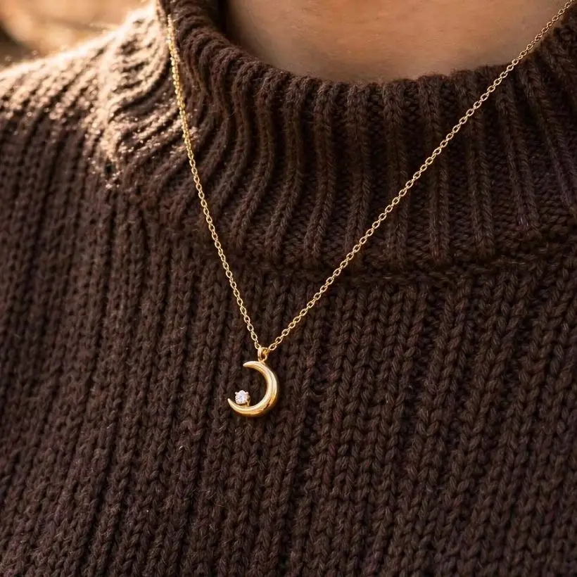 Retro High End Crescent Moon CZ Necklace Stainless Steel Delicate Small Pendant Trendy Versatile Autumn Winter Daily Jewelry