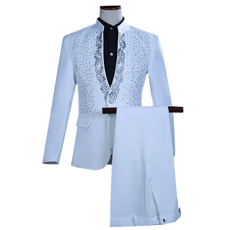 New Men's White Rhinestone Embroidered Stand Collar Suits for Stage Performance, Wedding Groom Tuxedo, Host & Singer Costume