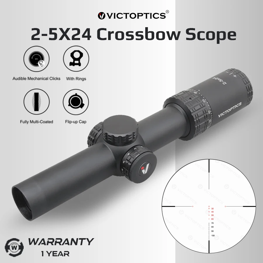 

VictOptics 2-5X24 Crossbow Scope Illuminated Adjustable Green Red Hunting Riflescope Outdoor Tactical Scopes Fits 11mm/20mm Rail