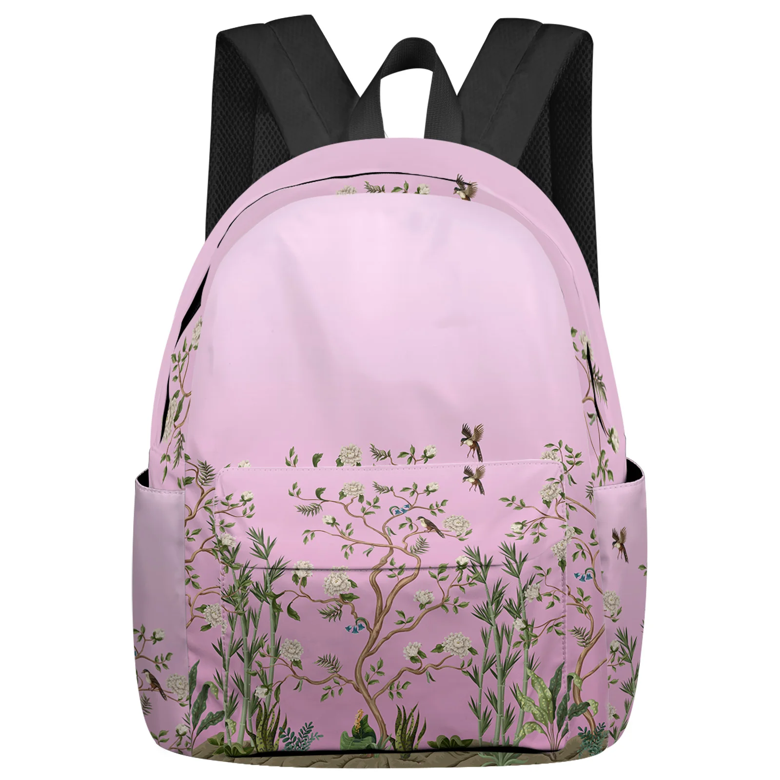 Pink Gradual Flower Plant Bird Student School Bags Laptop Custom Backpack For Men Women Female Travel Mochila