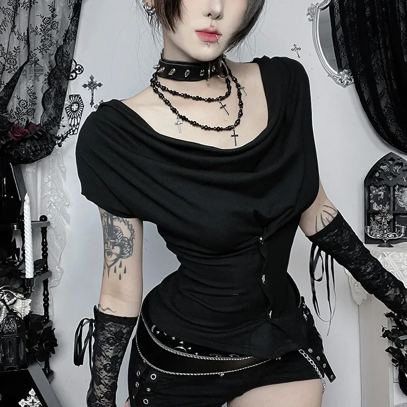 IMU Mall Gothic Short Sleeve T-Shirts Harajuku Fashion Swinging Collar Blouse Button Slim Waisted T-Shirt Women Techwear