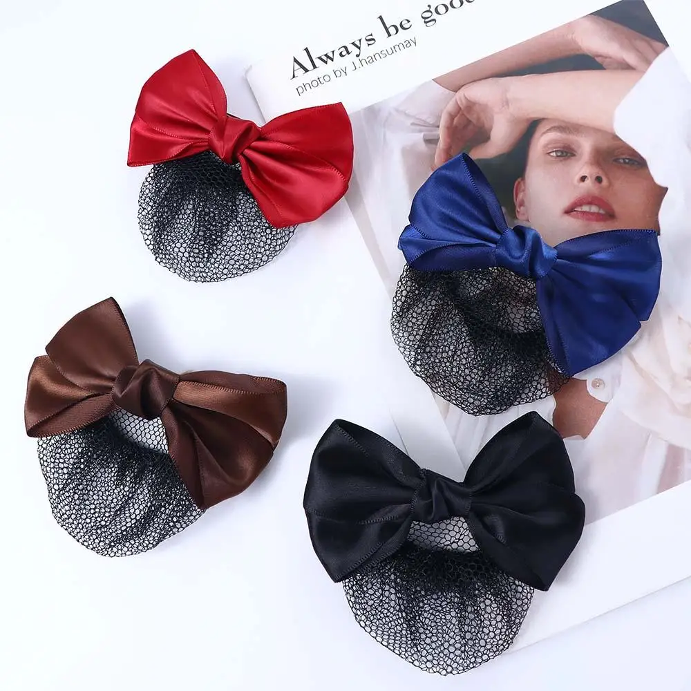 New Korean Satin Bow Ribbon Hair Bun Cover Women Hair Ties Scrunchie Spring Clips Bowknot Bun Net Hair Accessories