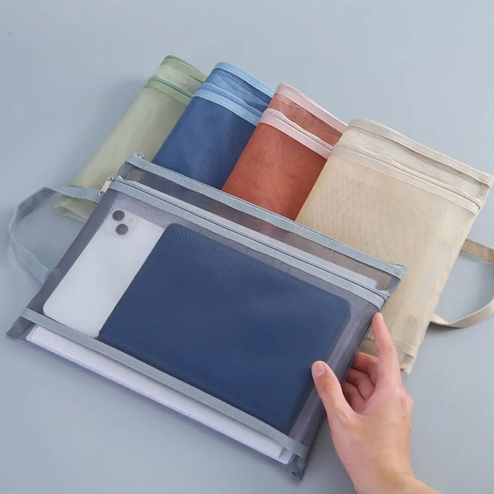 A4 Mesh Zipper Pouch Subject Transparent ID Card Storage Handbag Double-Layers Thicken Stationery Organizer Pouch School