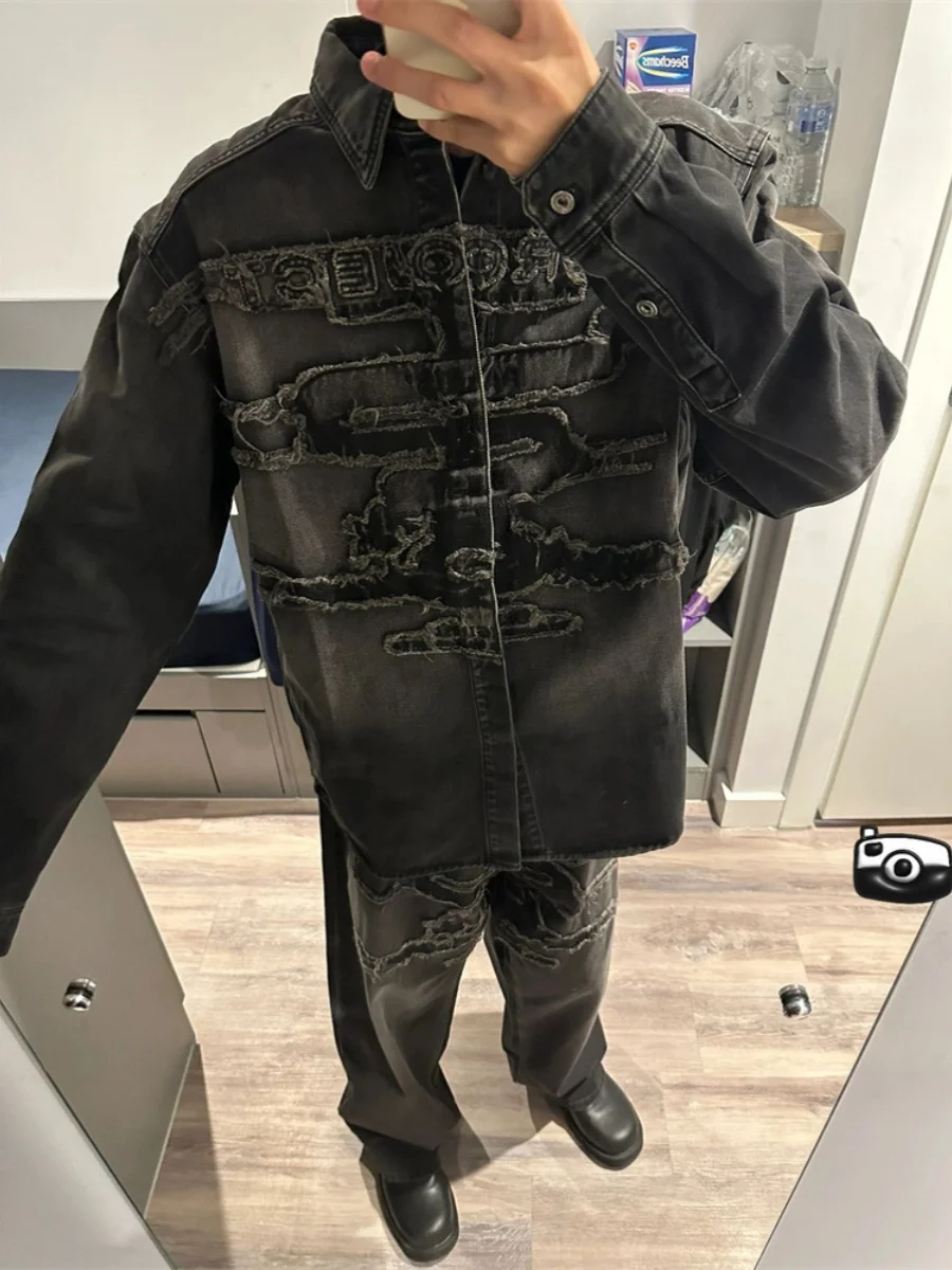 

Y Project 24FW ow Sle Лоскутная вышитая джинсовая куртка Длинный свек Модный бренд Waed Destroyed Мужчины Женщины Осень Зима