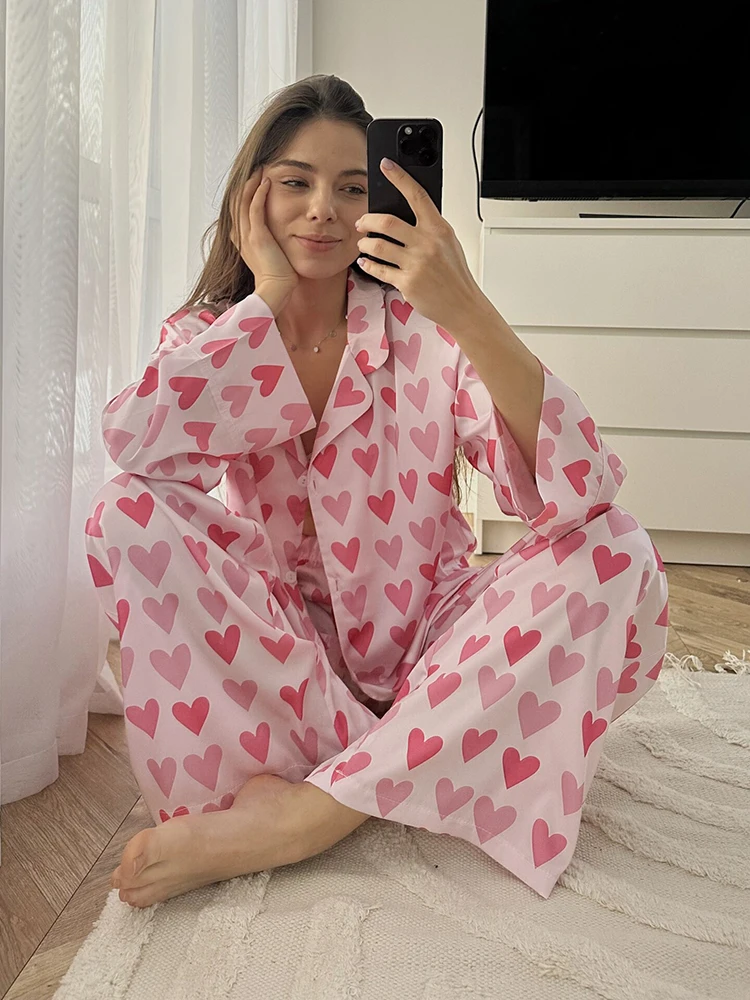 HiLoc Elegant Pink Satin Heart Print Pants Sets For Women Pajamas 2 Pieces Summer Pockets Loose Shirts Sleepwears Straight Pants