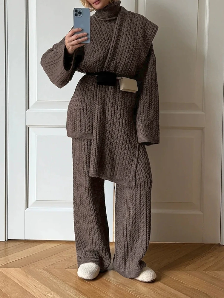 Ropa diaria, nuevo jersey de punto torcido, suéter, pantalones largos, conjunto de dos piezas, suéter de punto suave informal (sin bufanda)