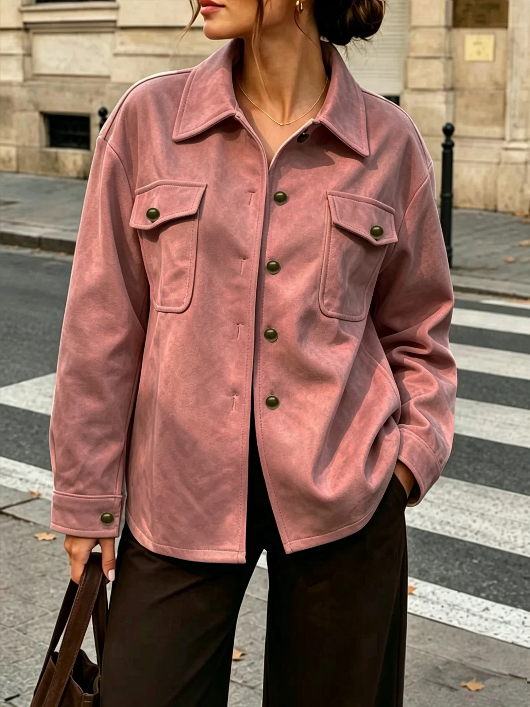 Women Faux Suede Shirt Jacket Turn‑Down Collar Long Sleeve Button Front Flap Pockets Loose Shacket Coat