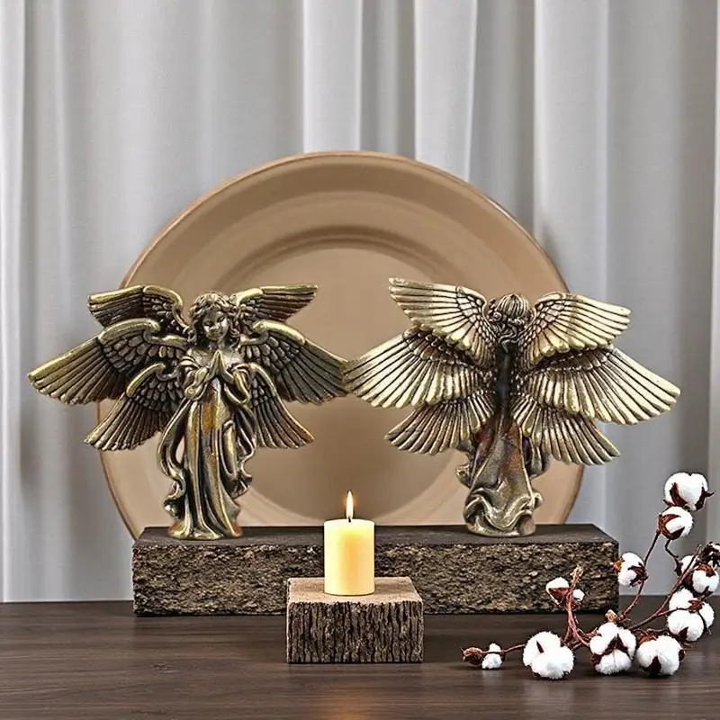 Solid Brass Love Cupid Six Winged Angel Statue Premium Copper Small Ornament for Living Room Shelf Decor Art Collection