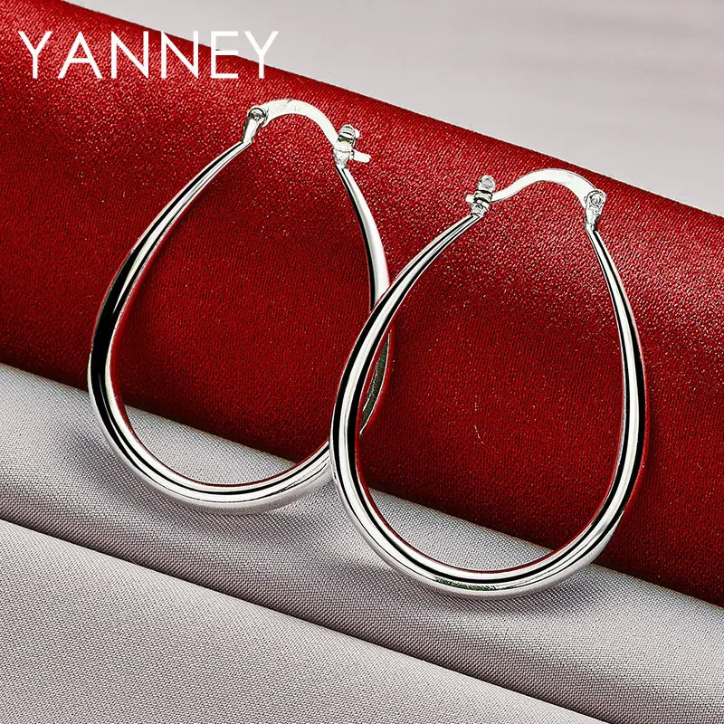 

41MM S925 Sterling Silver Glossy Moon U Shape Hoop Earrings For Women Wedding Fashion Jewelry Accessories Girlfriend Gifts